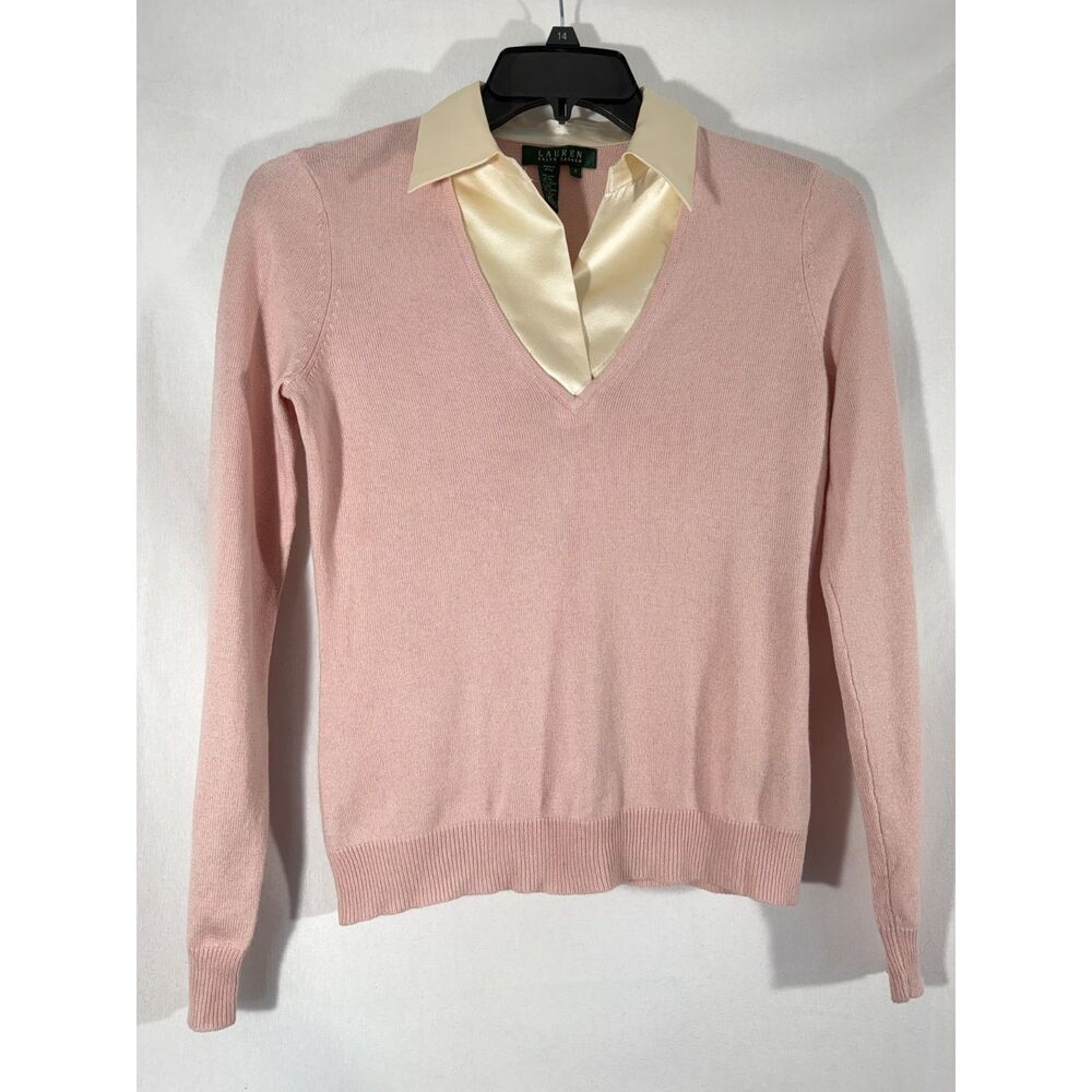 Lauren Ralph Lauren Women's S Pink V-Neck Sweater Satin Collar Preppy